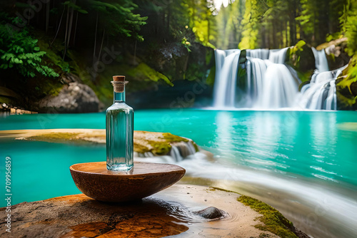 glass  bottle presentation  in a beautiful lagoon photo