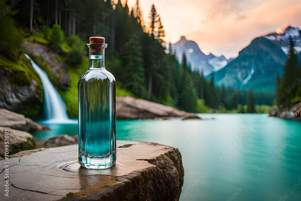 Obraz premium transparent liquor bottle presentation in a beautiful lagoon
