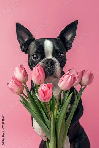 Cute dog with bouquet of tulips. Birthday, woman's day, mother's day, love concept. 
