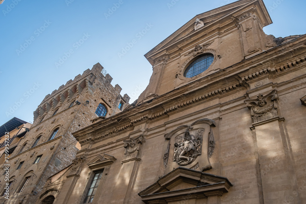 Perspective of the Mannerist facade of the Basilica di Santa Trinita and Tower of Gianfigliazzi, Florence ITALY Perspective of the Mannerist facade of the Basilica di Santa Trinita and Tower of Gianfigliazzi, Florence ITALY