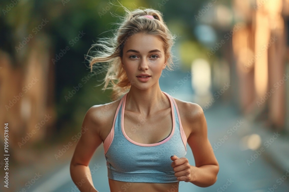 Active young woman jogging in nature during a summer morning, epitomizing fitness, health, and a vibrant lifestyle. Active young woman jogging in nature during a summer morning, epitomizing fitness, health, and a vibrant lifestyle.