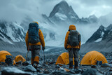 Trekking adventure in the mountains, climbing towards Base Camp, navigating challenging landscapes and high altitudes.