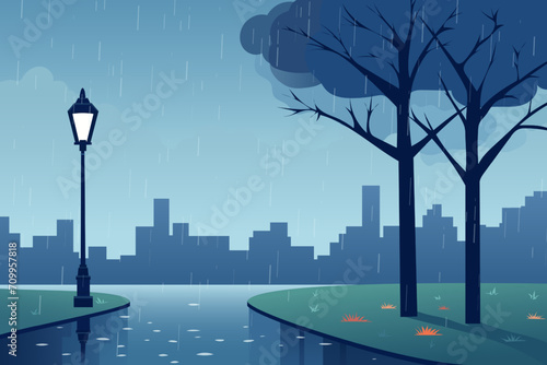 City park in rainy weather. Rain in the park. Pedestrian road with puddles, rain splashes and reflections against the background of green grass, a lantern, a tree and silhouettes of buildings.