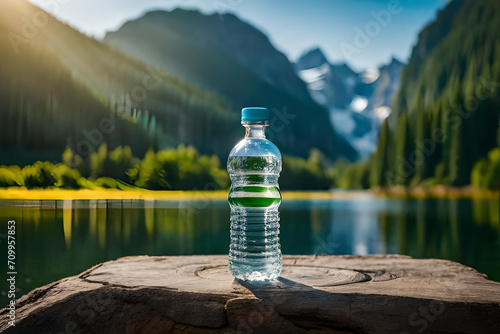 mineral water bottle advertising template , sunset and spectacular lake