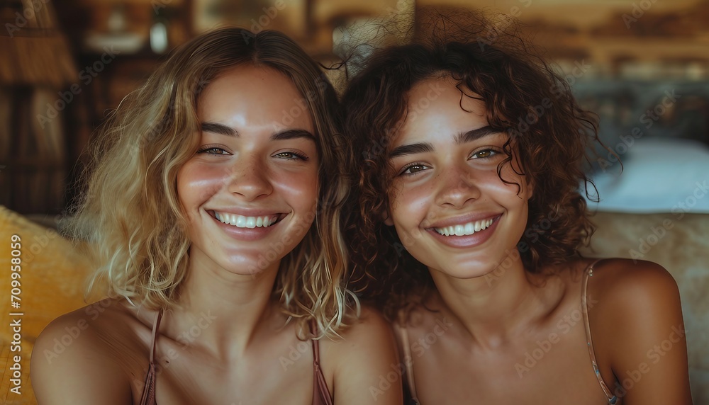 Queer couple bonding at home. Happy married lesbian couple smiling cheerfully while sitting together in their living room. Happy married lesbian couple.