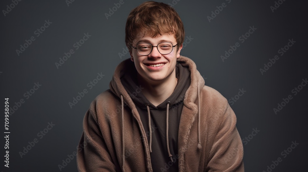 Portrait studio shot a man with Down syndrome who smiles happy every day. AI generated image Portrait studio shot a man with Down syndrome who smiles happy every day. AI generated image