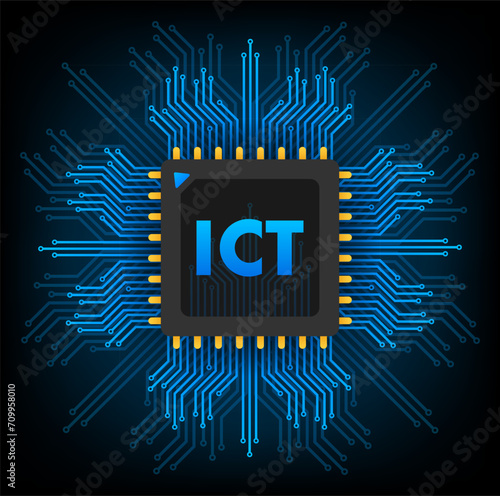 Detailed vector design of an ICT microchip with a complex circuit board, symbolizing advanced information technology and communication