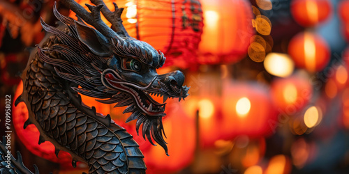 Chinese dragon against the background of a decorated with red paper lanterns, chinese new year, banner