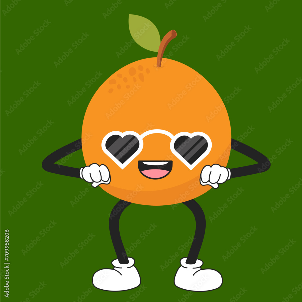 Comic tangerine character in glasses. Fruit emoticon
