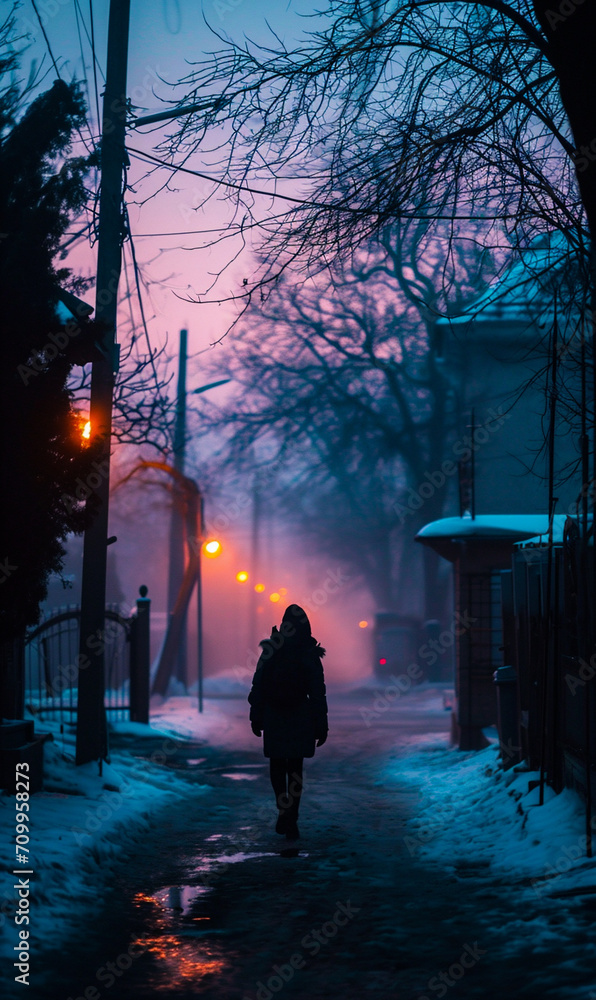 Young woman walking along the street at night in a foggy winter day