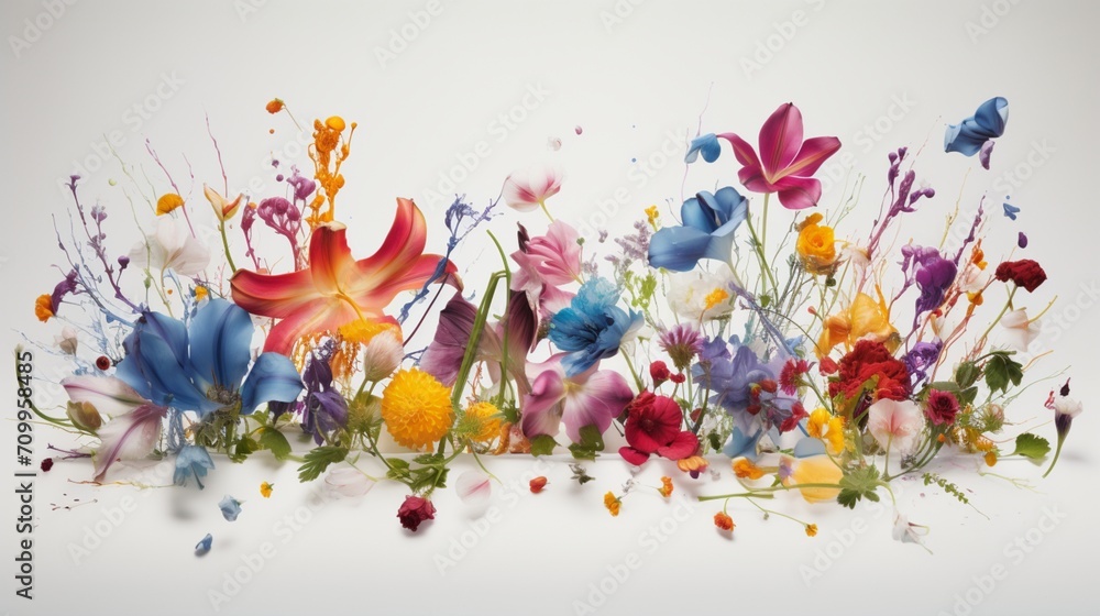 the dynamic contrast between a variety of vivid flowers and a simple white surface, creating a striking and visually appealing image that celebrates the beauty of botanical art.