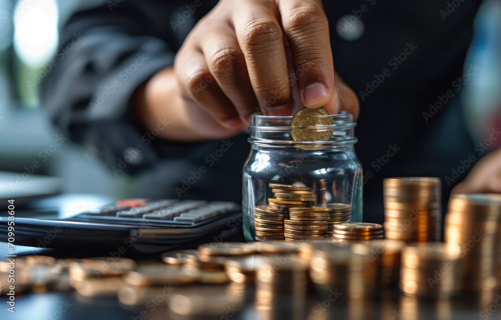 businessman holding coins putting in glass with using smartphone and calculator to calculate concept saving money for finance accounting businessman holding coins putting in glass with using smartphone and calculator to calculate concept saving money for finance accounting