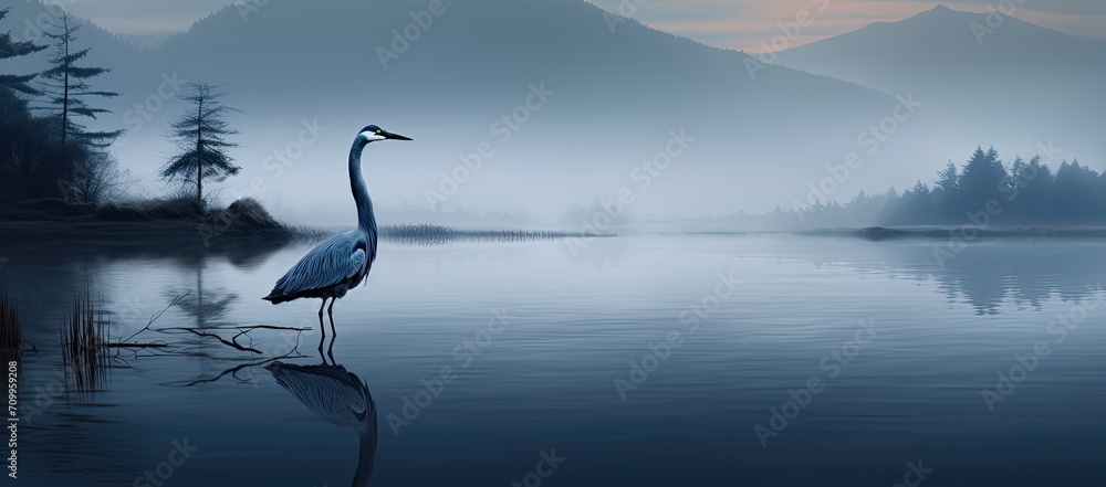 In the calm waters there is a majestic heron