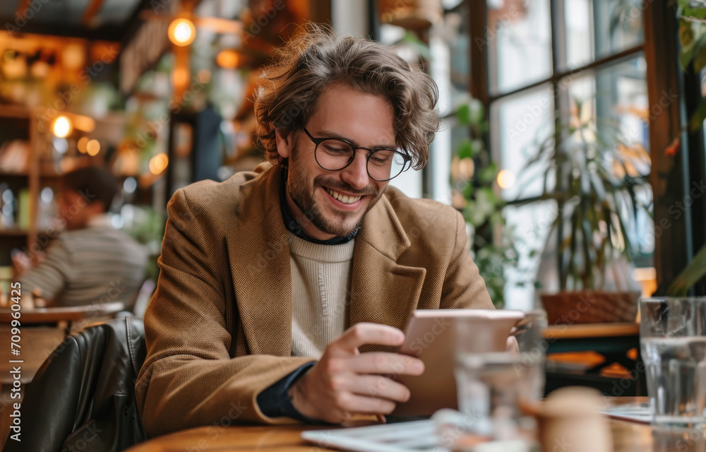 Businessman using mobile phone to search or social media, Business man smiling using smartphone on table