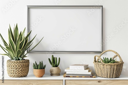 Home interior poster mock up with horizontal metal frame, succulents in basket and pile of books on white wall background photography: