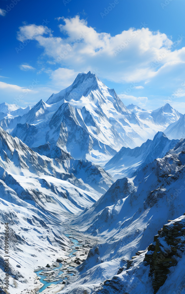 Fototapeta premium Blue Skies Over the Alpine Peaks. Aerial Mountain Majesty