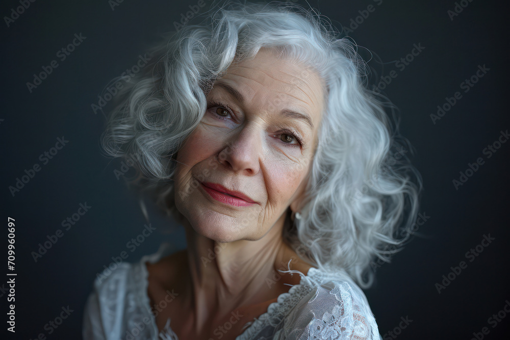 Elegant Senior Woman with Grey Hair, Happy and Confident, in Modern Studio with White Background