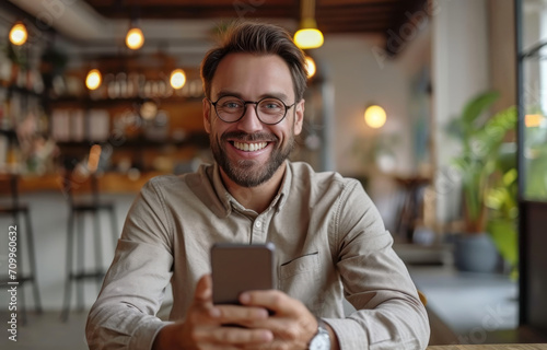 Businessman using mobile phone to search or social media, Business man smiling using smartphone on table