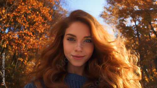 Autumn Park Selfie, Young Woman with Blue Eyes