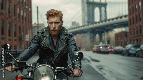 Portrait of a handsome red-haired man in a leather jacket on a motorcycle against the backdrop of New York streets. © Roxy jr.