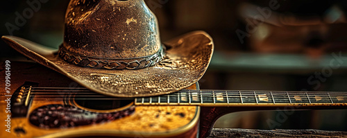 Close-up of a well-worn cowboy hat placed upon the body of an acoustic guitar,
 highlighting textures and a rustic aesthetic