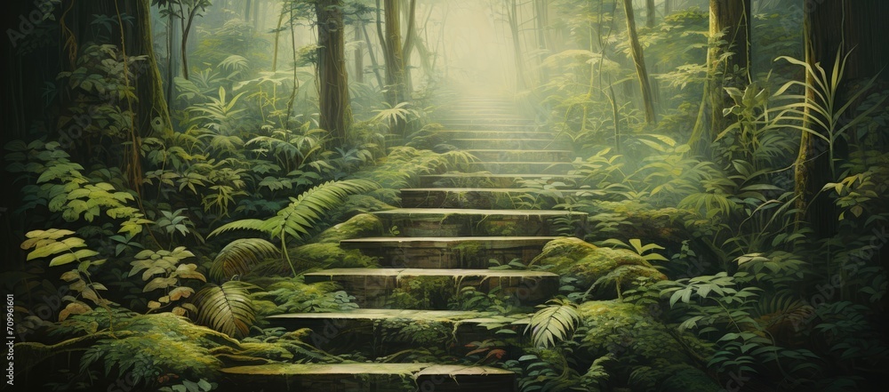Navigate through a mystical forest on an ancient stone pathway adorned with moss, enveloped in an enchanting atmosphere.