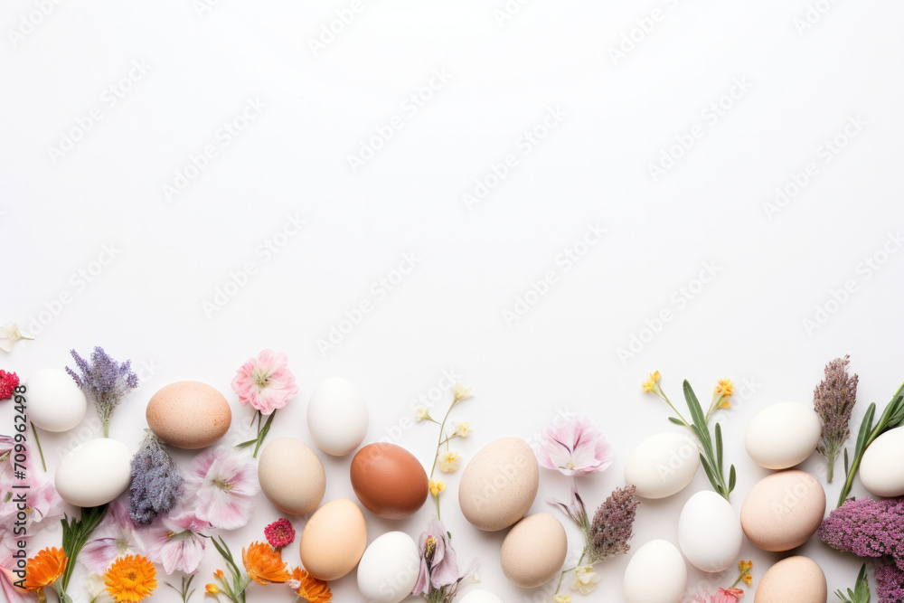 Easter eggs on a white background with flowers Easter eggs on a white background with flowers