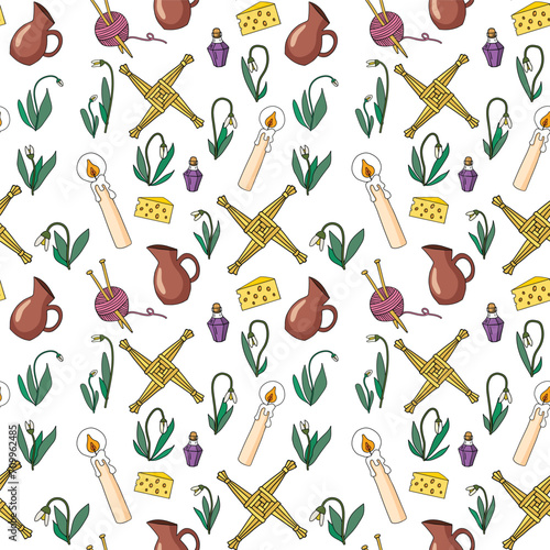 Vector illustration of the Irish spring pagan holiday Imbolc symbols, seamless pattern