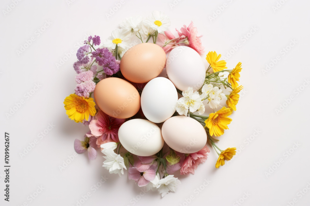 Easter eggs on a white background with flowers 