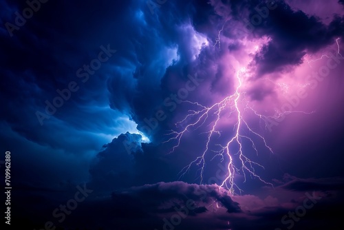 Lightning rays electrical energy charge thunder in dark night sky