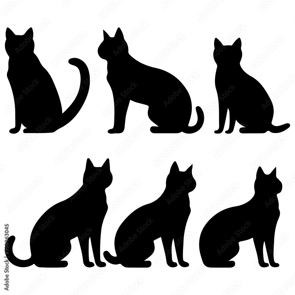 Oliver cat black silhouette. Cat hand drawing animals set and vector illustration