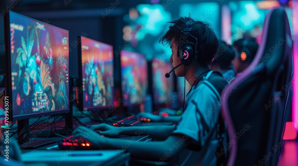 Focused Esports Gamer Engaged in Competitive Gaming at a High-Stakes Tournament - E-Sports and Gaming Culture