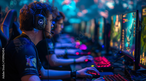 Team of Pro Gamers Participating in Esports Tournament - Intense Focus and Teamwork in Competitive Video Gaming