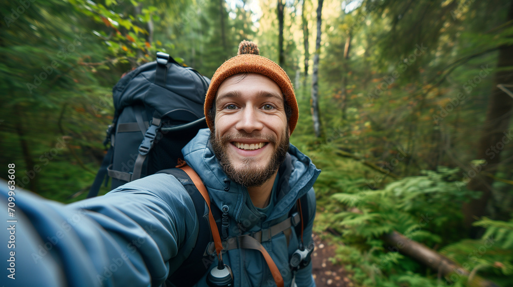 Friendly Backpacker Capturing a Selfie Moment in Lush Forest - Adventure Travel and the Joy of Hiking