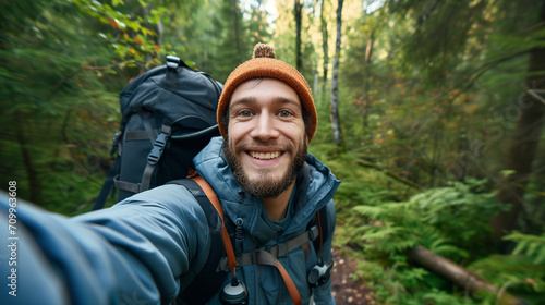 Friendly Backpacker Capturing a Selfie Moment in Lush Forest - Adventure Travel and the Joy of Hiking © Benixs