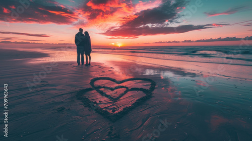 "Embraced by the Horizon: Valentine's Unity on the Sands of Twilight" Silhouette of a couple embracing at sunset on a quiet beach, a heart drawn in the sand around their feet,
