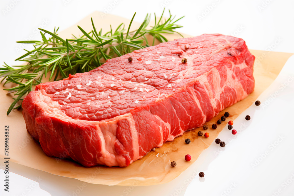 a large piece of raw beef meat with spices and herbs on a white background. a large piece of raw beef meat with spices and herbs on a white background.