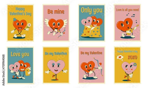 Cartoon character heart in retro groovy style.Set of greeting cards for Valentine's day. 70s, 80s.Vector stock illustration.