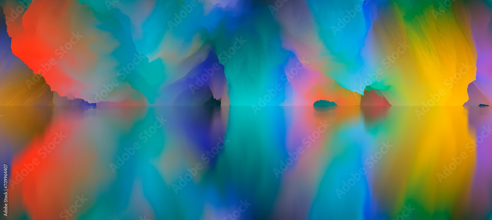 Magical world. Abstract Landscape, surreal lake and reflections. art, creativity and imagination. 3d illustration
