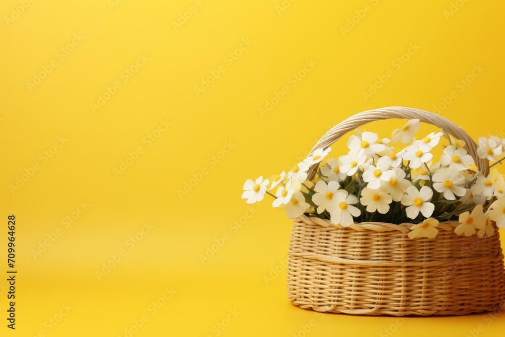 Basket with beautiful spring flowers on yellow background, space for text . Springtime Concept. Mothers Day Concept with a Copy Space. Valentine's Day with a Copy Space.	