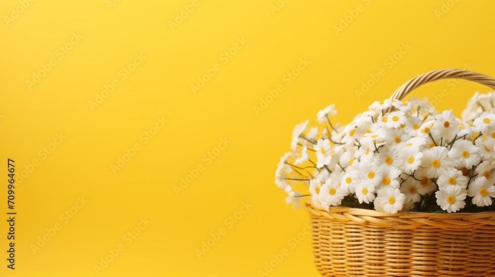 Bouquet of daisies in wicker basket on yellow background . Springtime Concept. Mothers Day Concept with a Copy Space. Valentine's Day with a Copy Space.	