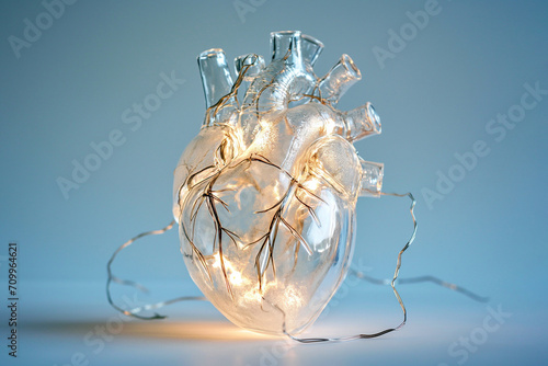 Human heart made of glass or ice with light garland. Anatomically correct heart on blue background. Glowing frozen heart, love and romantic concept