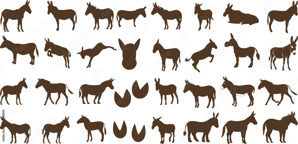 Donkey silhouettes Vector in various poses, perfect for farm, animal, nature-themed designs, educational materials, children’s books, Donkeys Donkey silhouettes Vector in various poses, perfect for farm, animal, nature-themed designs, educational materials, children’s books, Donkeys