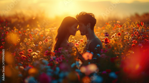 Happy kissing couple in the summer field 