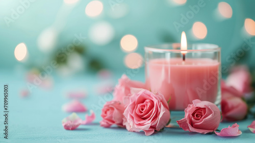 Roses aroma scented candles on a blue background 