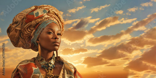 Beautiful young woman wearing traditional African head wrap photo