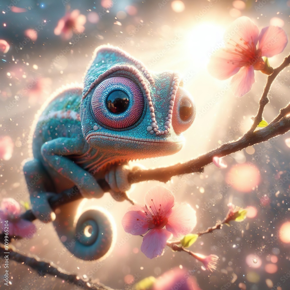 Cute chameleon warming on the flower branch Cute chameleon warming on the flower branch