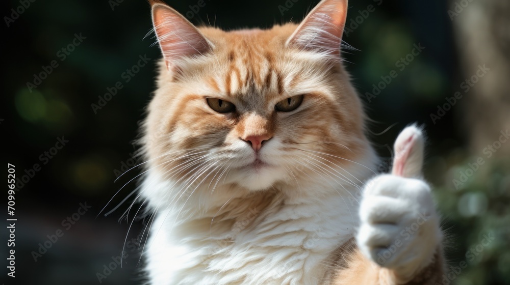 Portrait of friendly cat making thumbs up.