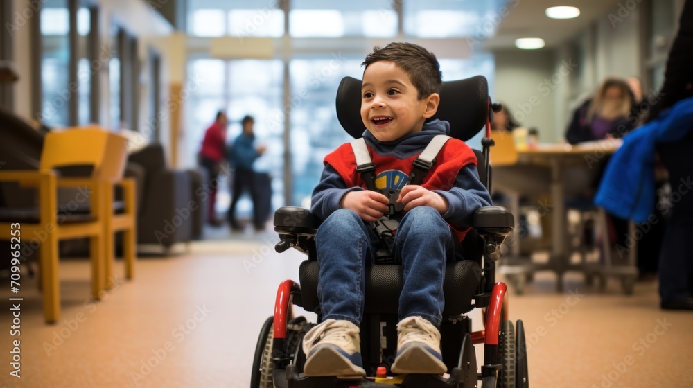 Smile of a disabled child sitting in a wheelchair. AI generated image Smile of a disabled child sitting in a wheelchair. AI generated image