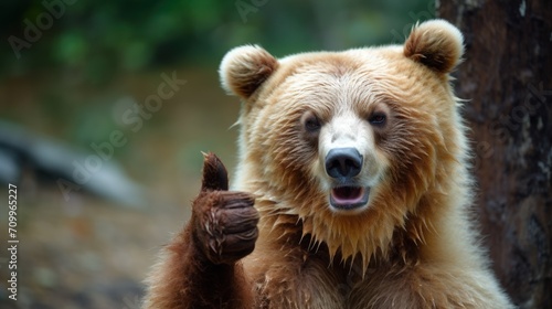 Portrait of friendly bear making thumbs up. © vlntn